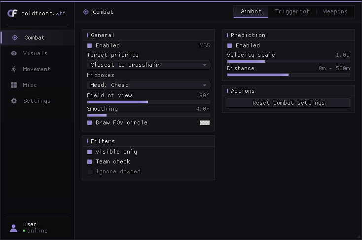 The coldfront menu on the Combat page: sidebar tabs, Aimbot sub tab, general, filters and prediction group boxes